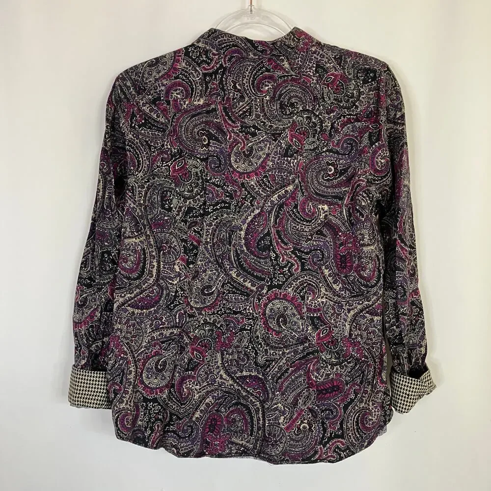 CHAPS Paisley 100% Cotton No Iron Long Sleeve Button Up Shirt Womens XL PETITE